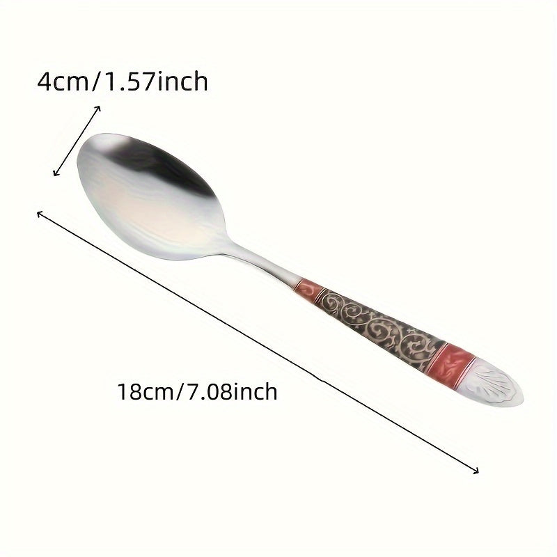 10-Piece Set Multi-Color Stainless Steel Retro Printed Soup Spoon – Elegant Cutlery Set, Sturdy & Durable, Easy to Clean, Simple Milk Spoon, Modern Stirring Spoon, Reusable Spoons