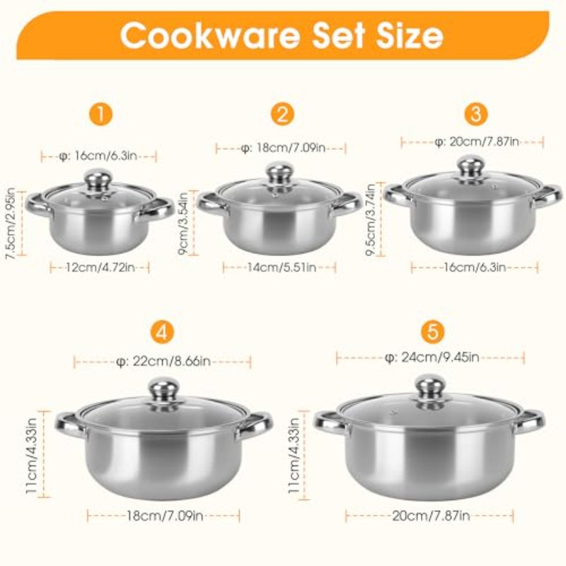 10Pcs Silver Non-stick Cookware Set with Glass Lids, Induction Compatible, Space Saving, Dishwasher & Oven Safe