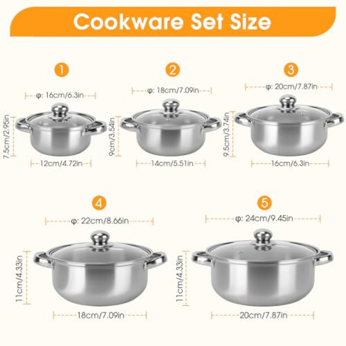 10Pcs Silver Non-stick Cookware Set with Glass Lids, Induction Compatible, Space Saving, Dishwasher & Oven Safe