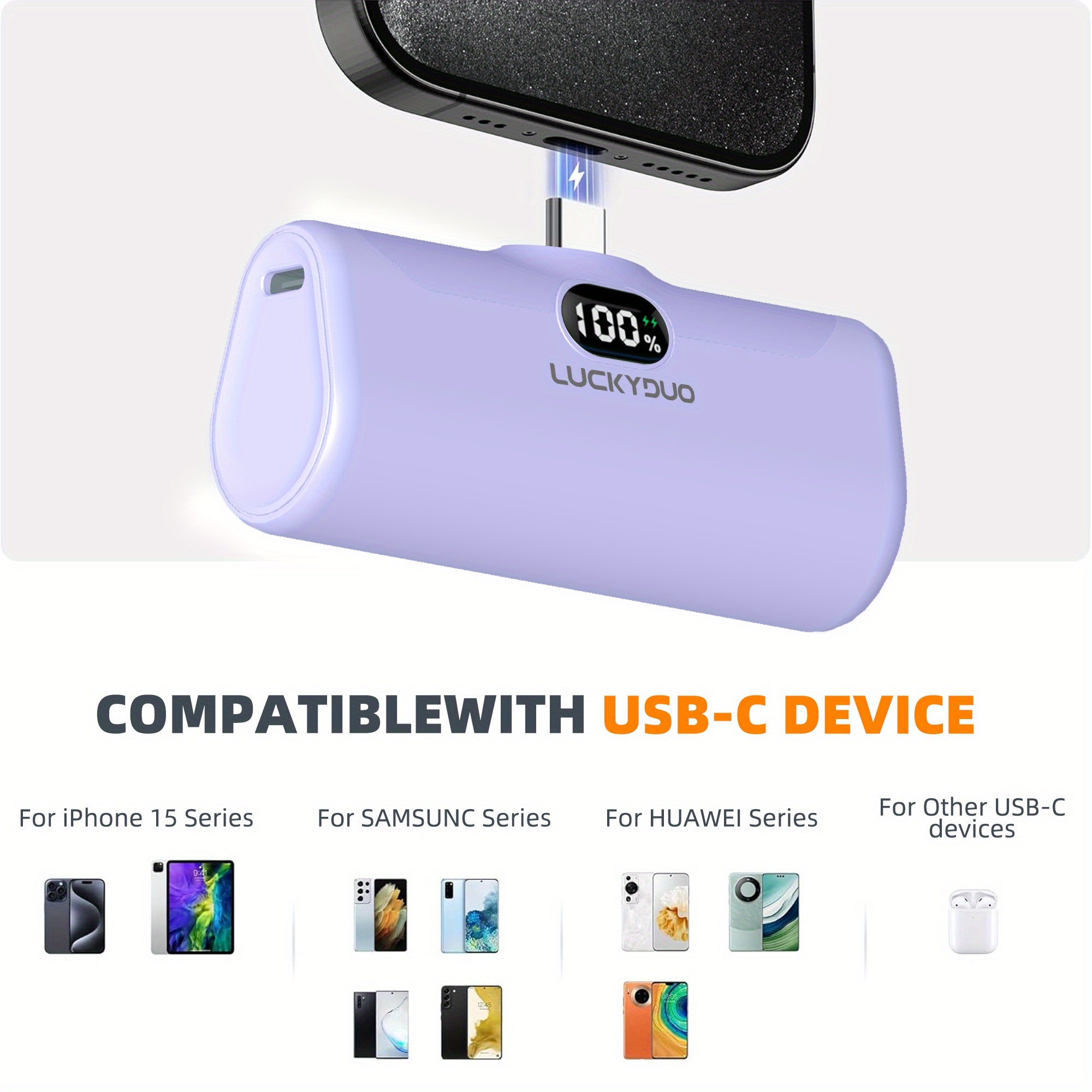 旅行用USB-C便攜充電寶，5000mAh Type-C口手機快充移動電源（15W），帶支架和LED燈的迷你電池組，適用於iPhone 15/16及三星手機