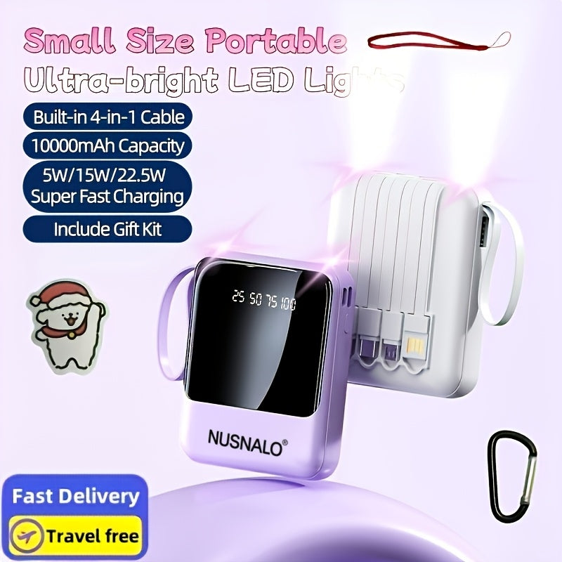 This Stylish And Compact 10, 000Mah Portable Power Bank Features Fast Charging at 5W, 15W, And 22.5W, with a Real-Time Battery Display And a Convenient Lanyard Design. It Includes a Bright LED Light And Comes with a Detachable 4-In-1 Cable