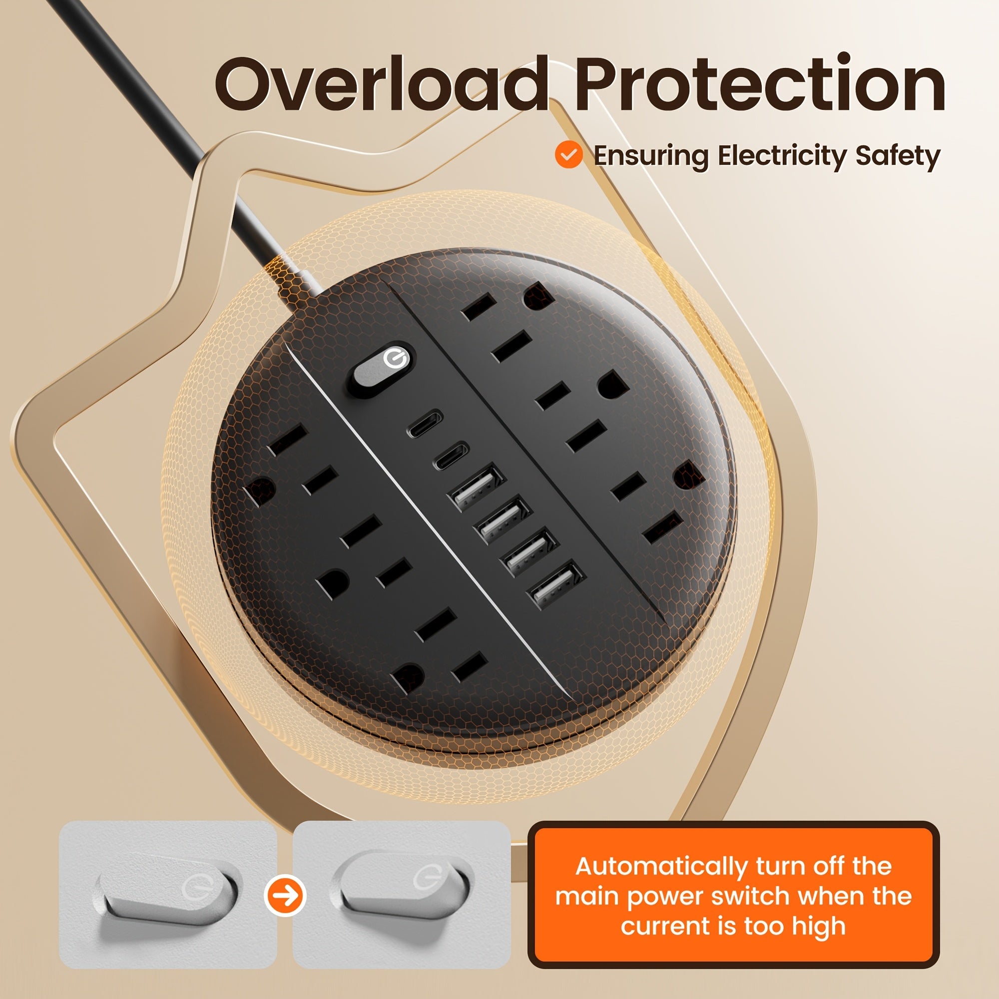 A Versatile Power Strip Featuring 12 Functions, Equipped with a Surge Protector, 6 USB Charging Ports (Including 4 USB A And 2 USB C), And 6 AC Outlets. This Compact Charging Station Can Be Mounted on The Wall And Is Suitable for Home, School