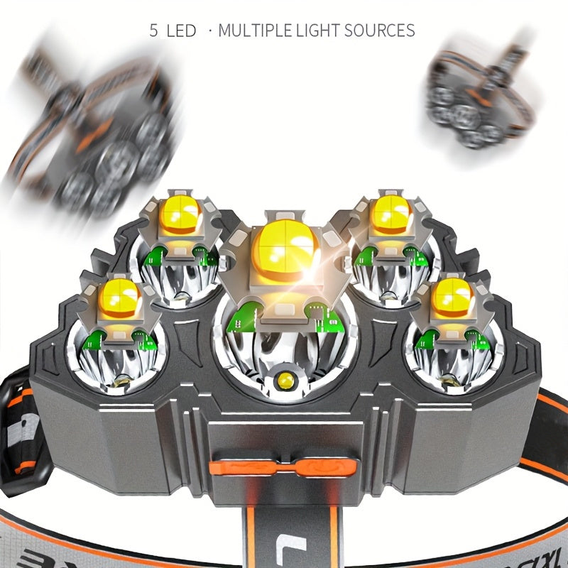 1Pc 5 LED Headlamp, USB Rechargeable, Hands-Free Design for Fishing, Adjustable Beam Angle, 4 Lighting Modes, Perfect for Fishing, Hiking, Camping and Outdoor Activities