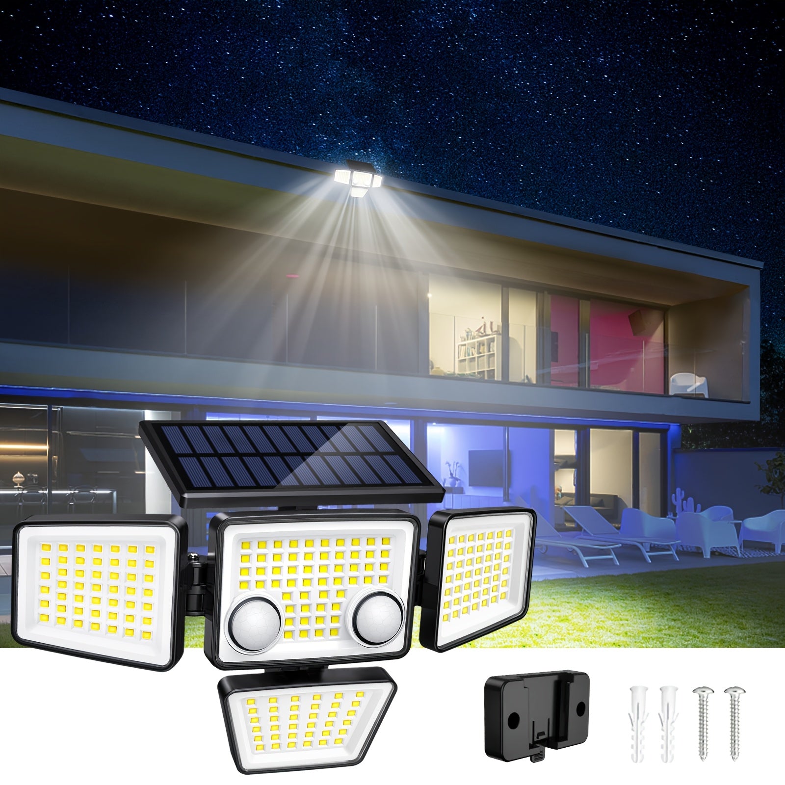 [(1/2-Piece) Solar Outdoor Light] - 3000LM 188 LED 4-Head Sensor Light, IP65 Waterproof, Solar Flood Security Light, Suitable for Backyard, Patio, Garden