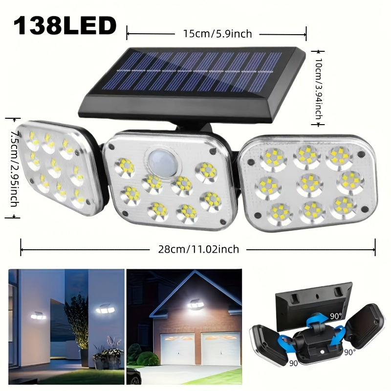 One-Piece, Equipped with 3 Rotatable LED Heads, Total 138 LED Beads, Wireless Sensor Solar Light; 270° Wide Angle Illumination, All-Round Security Outdoor Solar Spotlight, Semi-Flush Mount Plastic Wall Light, Solar Powered, No Wiring Needed