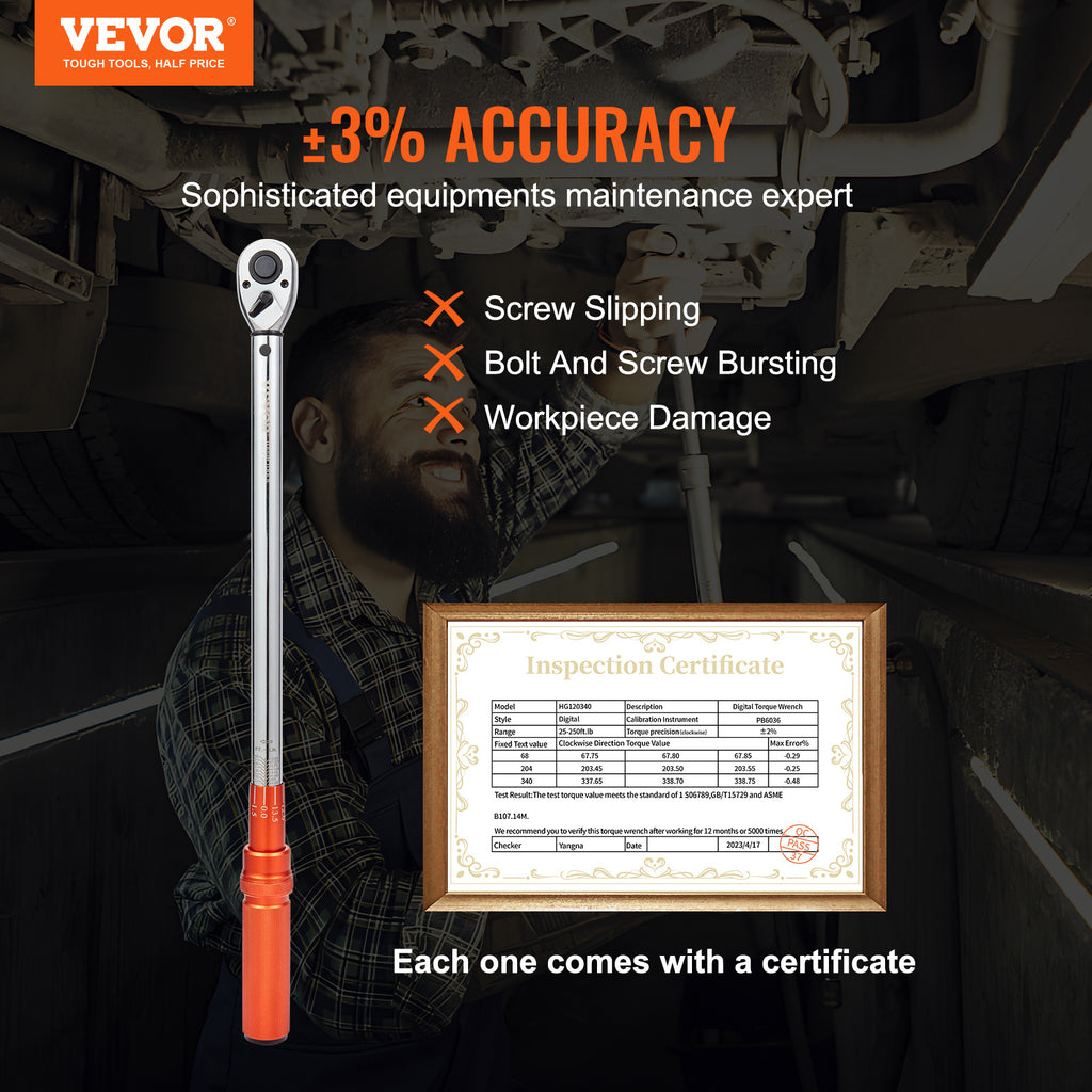 VEVOR Torque Wrench, 1/4“ / 3/8” / 1/2“ Drive Click Torque Wrench 10-80 ft-lbs / 20-200 in-lbs / 25-250 ft-lbs 3-23 Nm / 34-340 Nm / 14-110 Nm, Dual-Direction Adjustable Torque Wrench Set