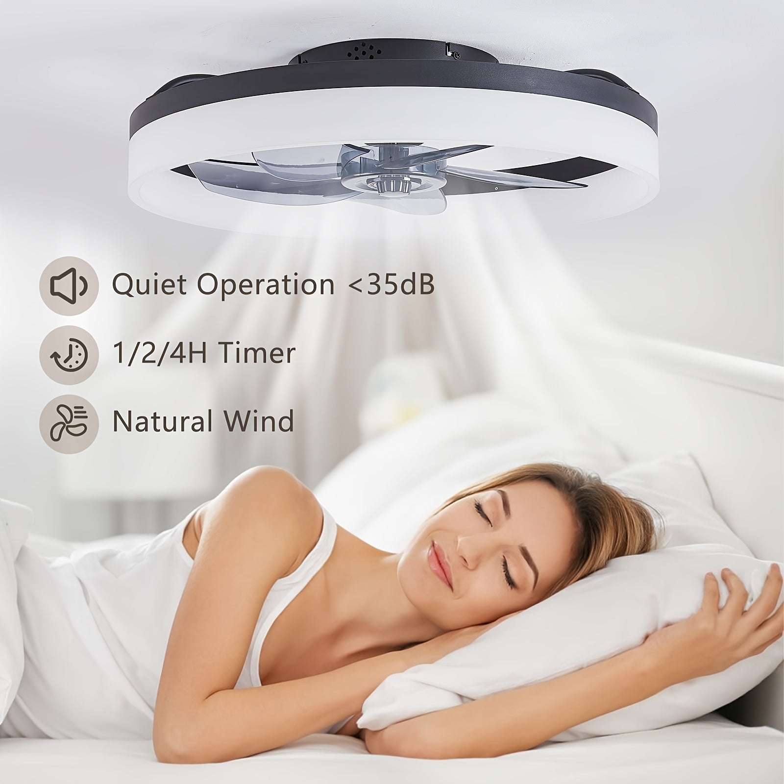 Modern Low Profile Ceiling Fan with Light and Remote, 19.7 Inch, Adjustable Color Temperature & 6 Speed Settings, Black, for Bedroom, Room & Living Room