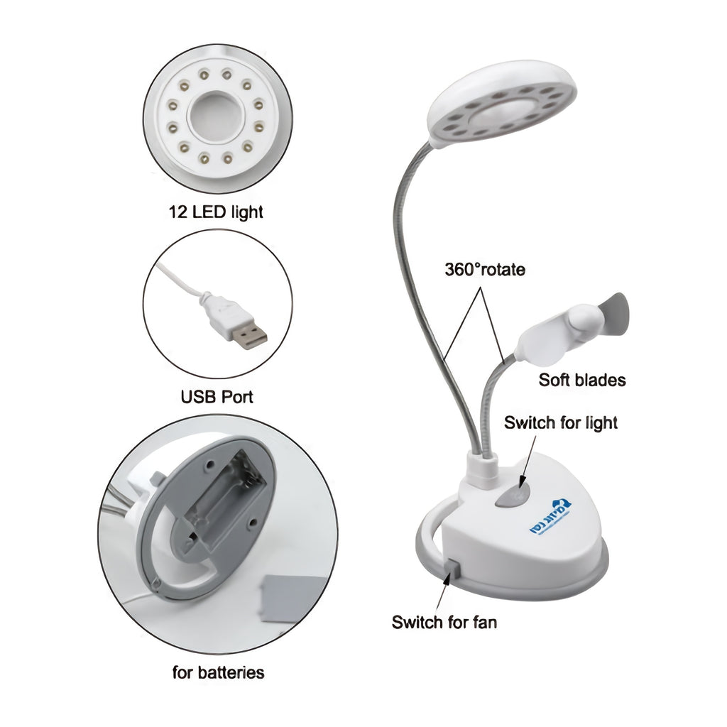 2-in-1 Portable Desk Lamp with Mini Fan, 12 LEDs Flexible Double Gooseneck Reading Lamp, Battery or USB Powered, Compact Desk Accessory for Office & Dorm