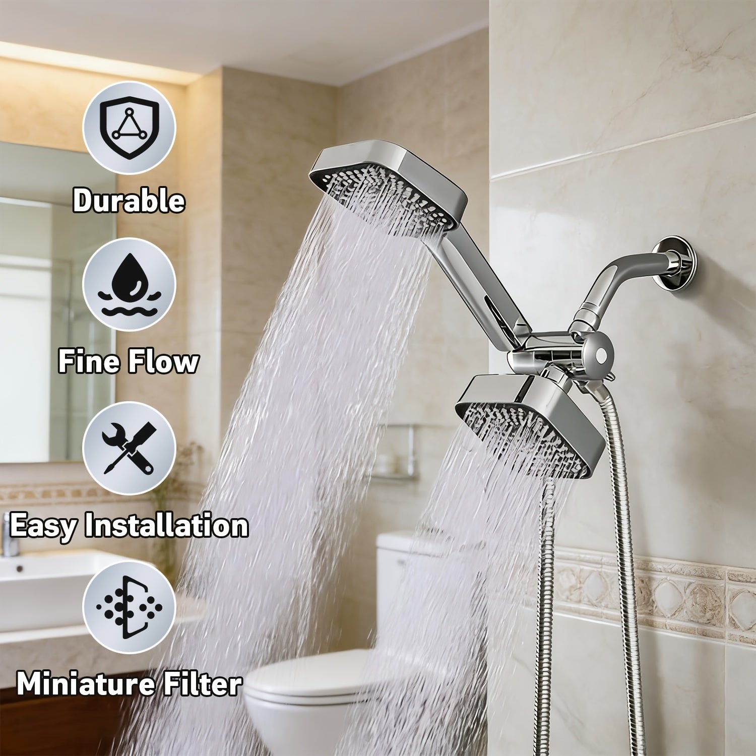 2-in-1 Handheld Shower with Extended Hose (High Pressure Rain Shower System) | Heavy Duty ABS Wall Mount Shower Set with T-Diverter Valve, Polished Finish, Full Body Coverage, Quick Installation (No Electricity) – Modern Bathroom Upgrade