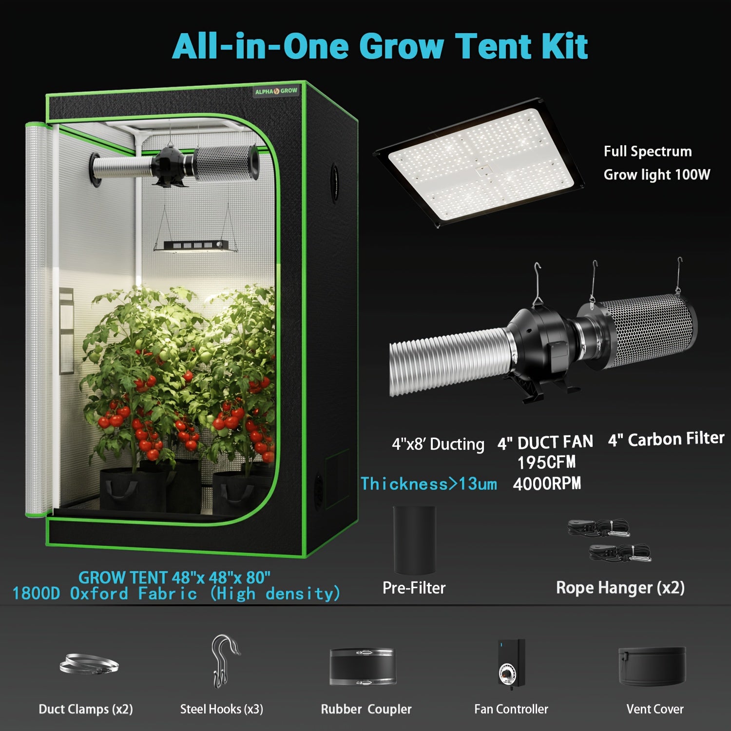 Pro 4x2/4x4/2x2 1800D Grow Tent Kit, 48"x24"x60", Complete Hydroponic System Kit for Indoor Plants, 100W Full Spectrum LED Grow Light, 240CFM 6" Inline Fan & Independent Carbon Filter Air Circulation, High-Reflective Mylar Setup