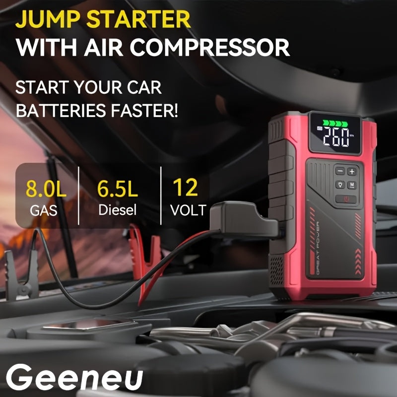 New Car Jump Starter with Air Compressor, Portable Battery Jumper, 6000A Peak Emergency Jump Starter, 150PSI Digital Tire Inflator, Portable Starter 12V (Fit for 2.11 Gal Gas / 1.72 Gal Diesel), Quickly Jump Start Your Vehicle