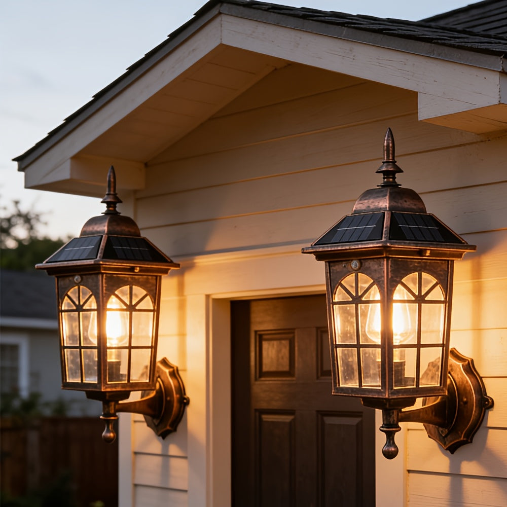 2PCS Vintage Solar Outdoor Wall Light Waterproof Courtyard Decorative LED Tungsten Alloy Wall Light, Suitable for Garden, Courtyard and Porch, Tungsten Filament Light, Outdoor Garden, Street Floor Decoration, Solar Garden No Wiring Required