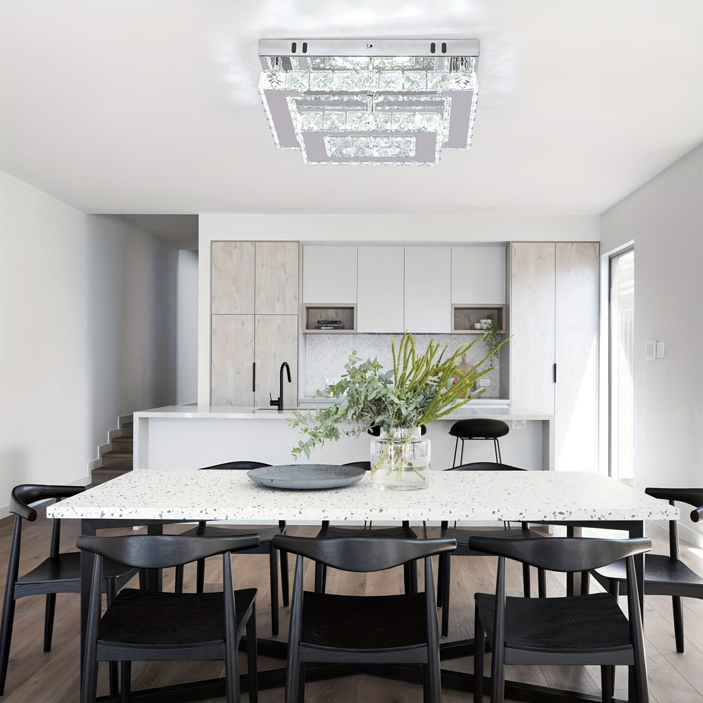 LED crystal ceiling light, modern recessed rectangular ceiling light, K9 stainless steel ceiling lighting fixture, chandelier, suitable for living room, bedroom, dining room (cool white light)