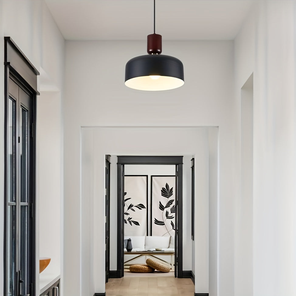 Nordic modern wood metal decorative pendant light - suitable for dining room, kitchen island, sloped ceiling, height adjustable, 12-inch diameter black and white drum lampshade (bulb not included)