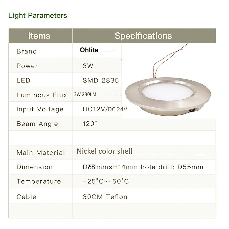 Recessed LED round downlight spotlight, metal aluminum housing, DC12V 24V, diameter 68mm*14mm, cutout 55mm, nickel color, 3W 5W LED cabinet light, for garage, bathroom, sauna lighting, shopping mall, restaurant, bedroom, corridor
