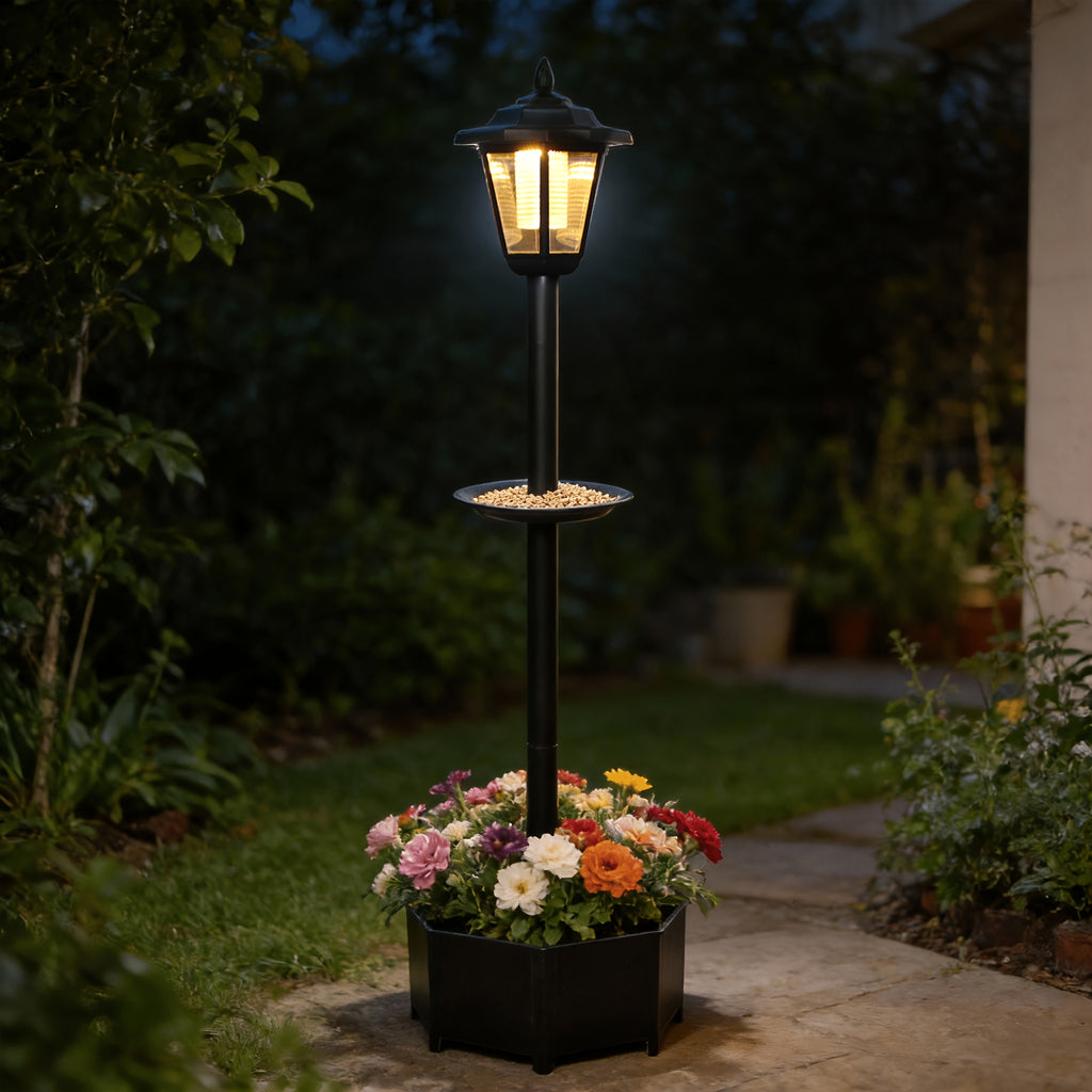 1-Piece 26.5in23in90.5in Solar Decorative Ambient Light Bird Feeder, Outdoor Courtyard Landscape Lighting Device with Bottom Planting Flower Pot, IP44