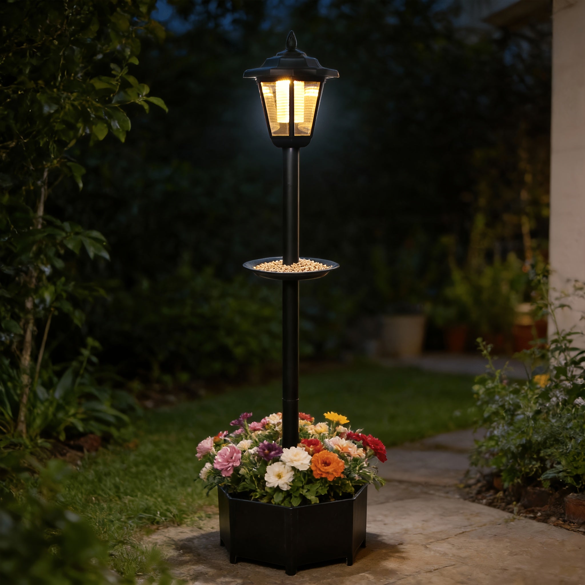 1-Piece 26.5in23in90.5in Solar Decorative Ambient Light Bird Feeder, Outdoor Courtyard Landscape Lighting Device with Bottom Planting Flower Pot, IP44