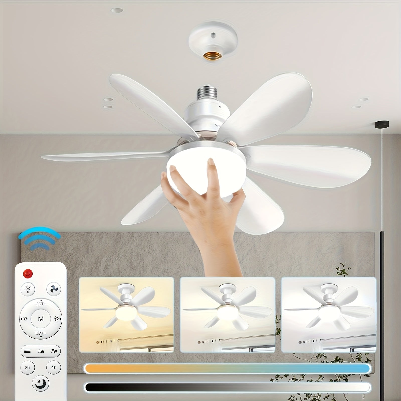20.5/16.5 Inch White Multi-Color Flush Mount Ceiling Fan Light with Remote, E27/E26 Base 6-Blade LED Fan Light, 3 Light Colors & 3 Wind Speeds, 40W Bulb Replacement Ceiling Fan Lamp Perfect for Bedroom Home Use