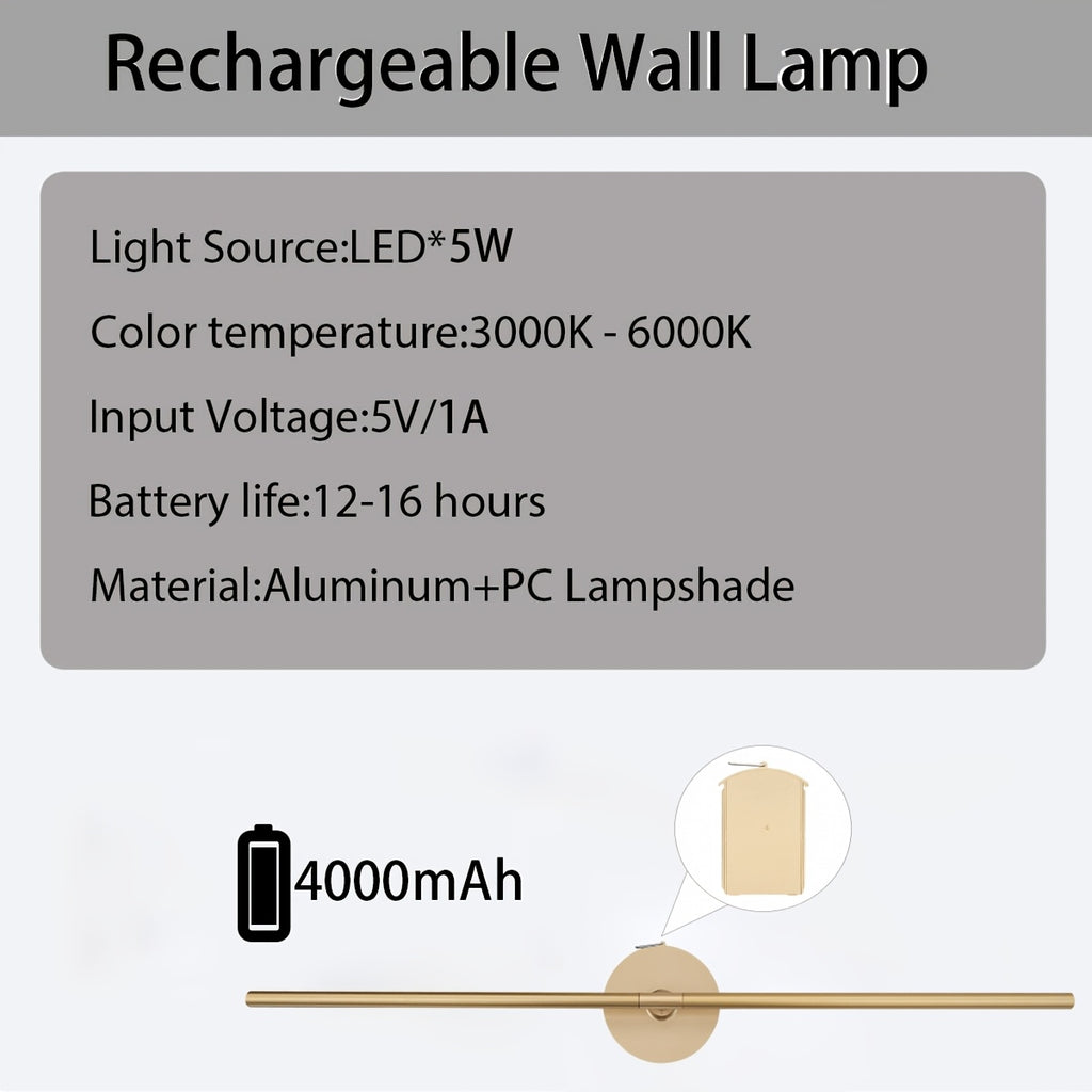 Rechargeable High-Capacity Battery Metal Light Tube Suitable for Picture Display Light, Hallway, Living Room Decoration and Various Scenes, 360° Rotating Cordless Wall Light, Multiple Brightness Levels Adjustable