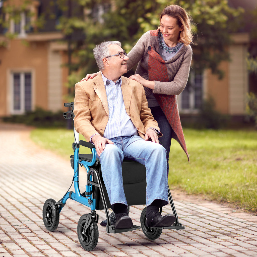 COSTWAY Seniors walker 带座椅，2 合 1 可折叠滚动助行器和轮椅组合，带 9 英寸气动轮胎，适合各种地形，高度可调，人体工程学背部支撑和轻量级铝制框架