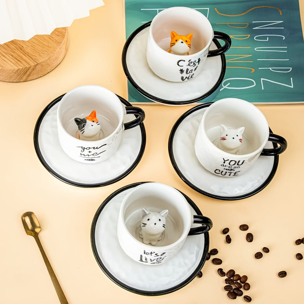 1pc 200ml / 6.7oz Japanese Cute Ceramic Hidden 3D Cat Cup & Saucer, Hand-Painted Under-Glaze Adorable Cat Cup, Breakfast Cup, Afternoon Tea Cup Set, Birthday & Holiday Gift for Cat Lovers