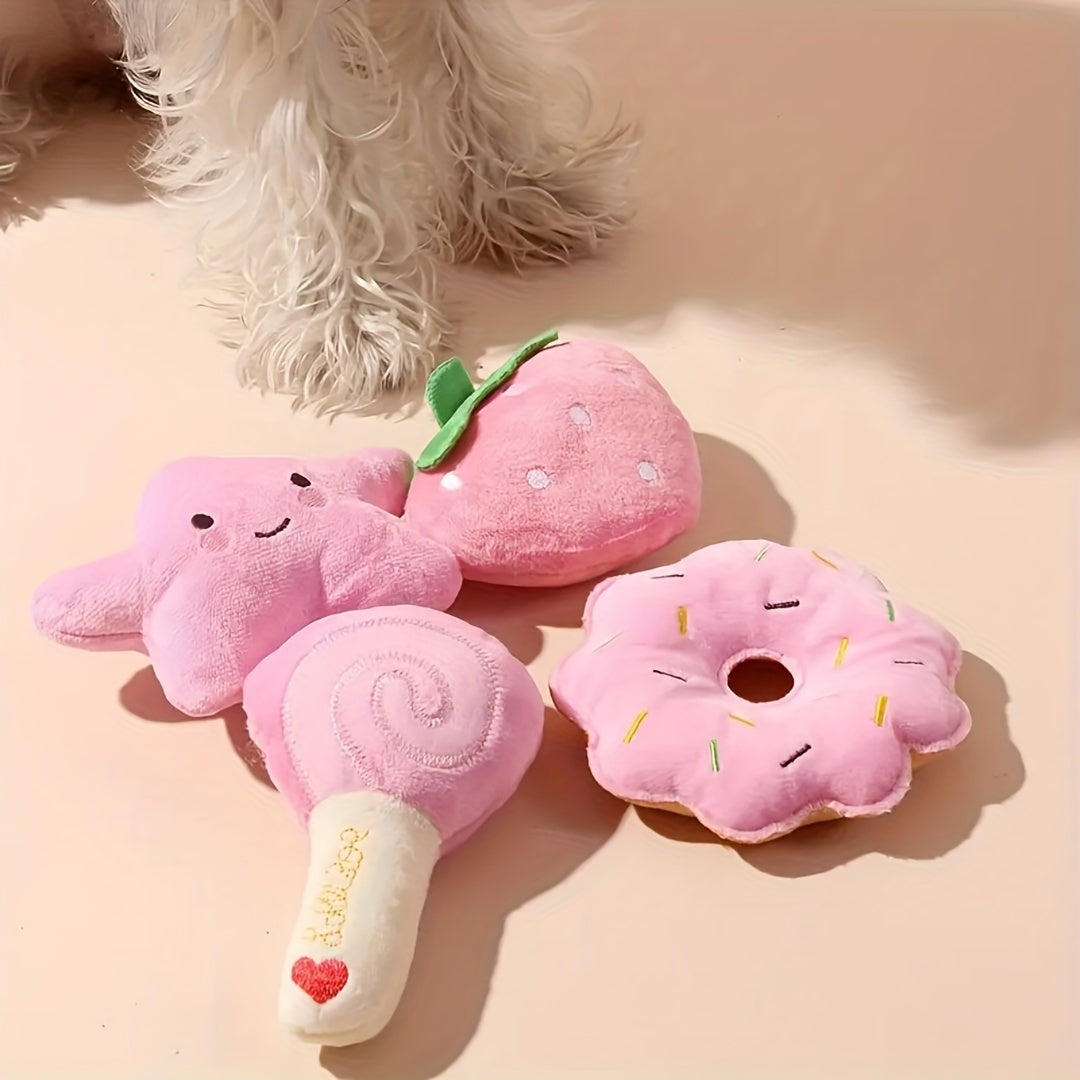 小型犬猫专用粉色柔软互动玩耍睡眠玩具4件套 - 草莓、甜甜圈和棒棒糖设计