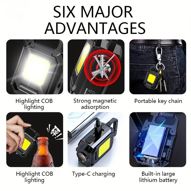Mini Keychain Flashlight COB Work Light USB Rechargeable Light Strip 90° Foldable Side Light Super Bright Portable Lantern