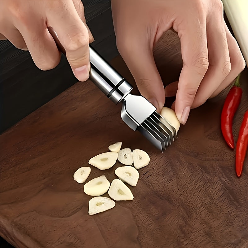 One Multifunctional Stainless Steel Vegetable Slicer - For Onion, Garlic, Tomato - Handheld Onion Cutter with Multiple Blades for Efficient Slicing - Must-Have Kitchen Gadget, Vegetable Slicer & Chopper