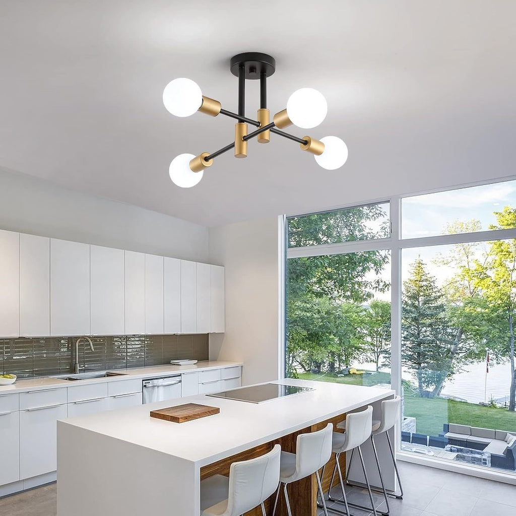 Modern Black Gold Soviet Sputnik Pendant Light, 4-Light Semi-Flush Mount Metal Pendant Light, Suitable for Bedroom, Kitchen, Hallway, Entryway and Office