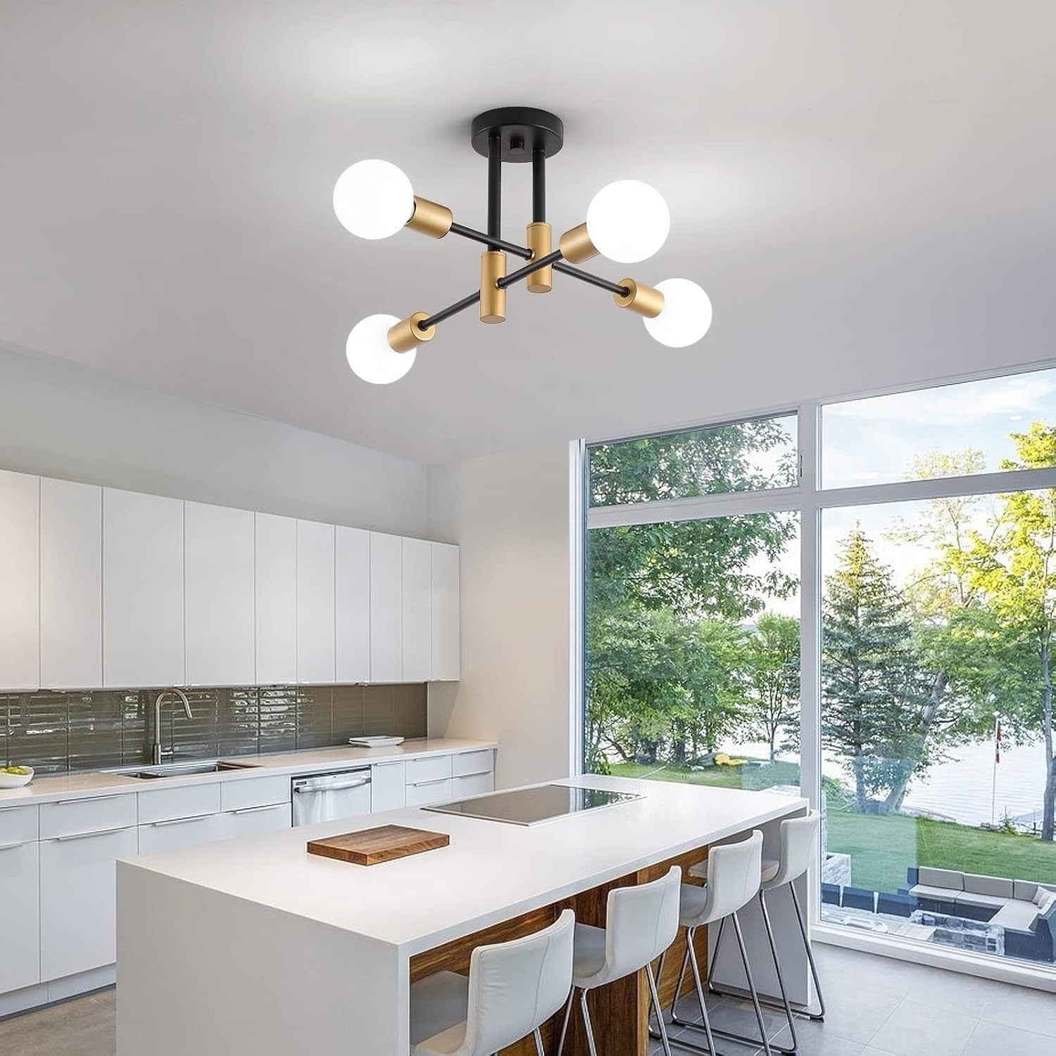 Modern Black Gold Soviet Sputnik Pendant Light, 4-Light Semi-Flush Mount Metal Pendant Light, Suitable for Bedroom, Kitchen, Hallway, Entryway and Office