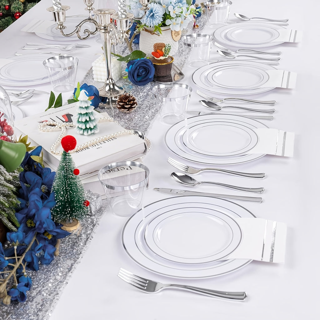 300-Piece Plastic Silver Plates – White & Silver Disposable Plate Set Includes 60 Dinner Plates, 60 Dessert Plates, 60 Forks, 60 Spoons, 60 Knives