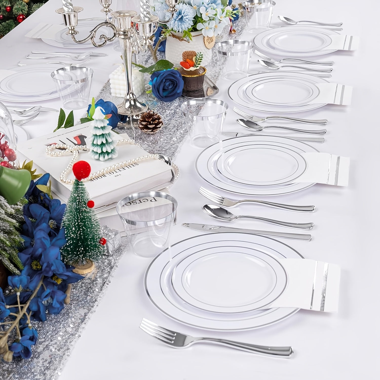 300-Piece Plastic Silver Plates – White & Silver Disposable Plate Set Includes 60 Dinner Plates, 60 Dessert Plates, 60 Forks, 60 Spoons, 60 Knives
