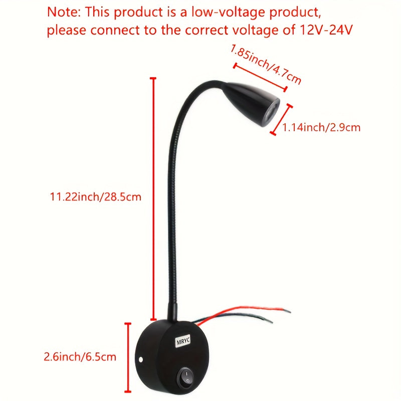 MRYC 3W Flexible Gooseneck LED RV Reading Light, Heavy-Duty Adjustable Spotlight, Hardwired DC12-24V, Button Switch, Suitable for Camper Trailer Interior Ceiling Wall Mount Lighting