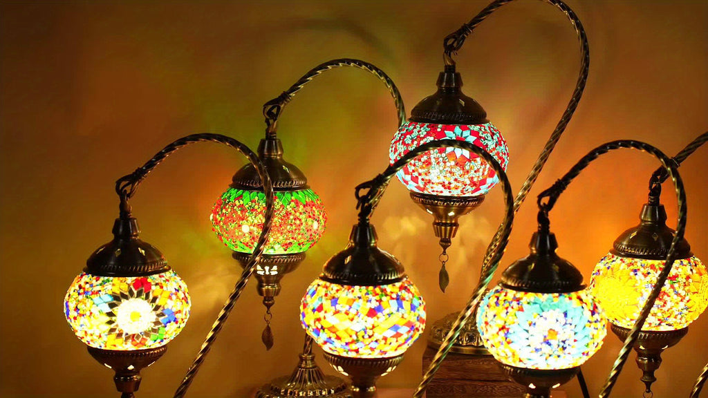 Turkish mosaic table lamp, Moroccan style metal base three-color handmade swan neck mosaic glass bedside lamp, suitable for bedroom and living room (bulb included)