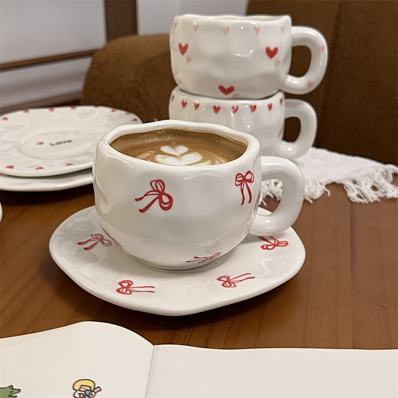 Single Set 300ml / 10.15oz Retro Flower Ceramic Cup & Saucer, Tulip Heart Bow Strawberry Irregular Coffee Cup & Saucer, Hand-Pinched High-Appeal Afternoon Tea Mug