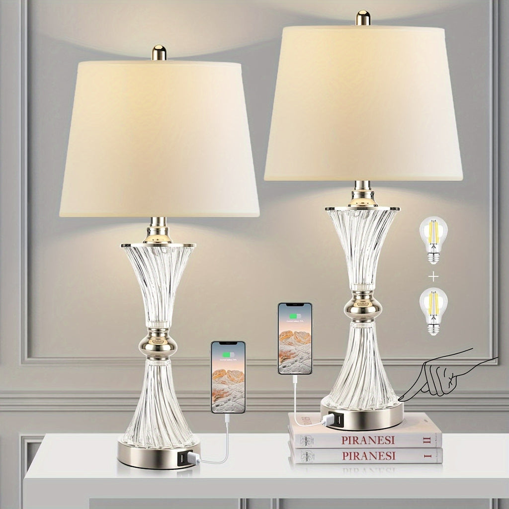 Touch control table lamp for bedroom, 3-way dimmable white drum shade modern bedside night light set of 2 with 2 USB charging ports (bulbs included)