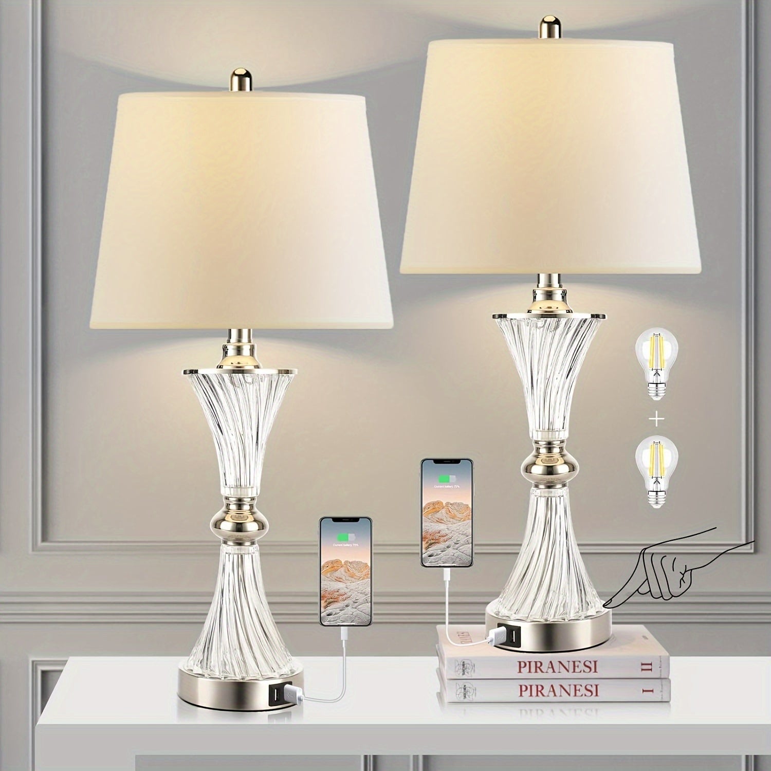 Touch control table lamp for bedroom, 3-way dimmable white drum shade modern bedside night light set of 2 with 2 USB charging ports (bulbs included)