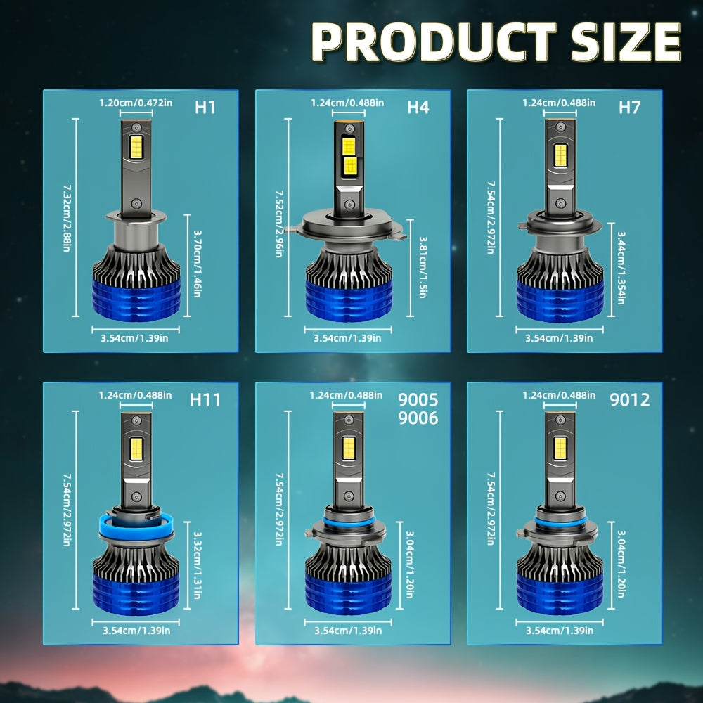 2个H4 H7汽车LED大灯，300W高功率60000流明，兼容Canbus及多种车型，包括H1、H11、H8、H9、HB3、9005、HB4、9006，12V 24V，配备6000K涡轮灯，适用于车辆，不含电池