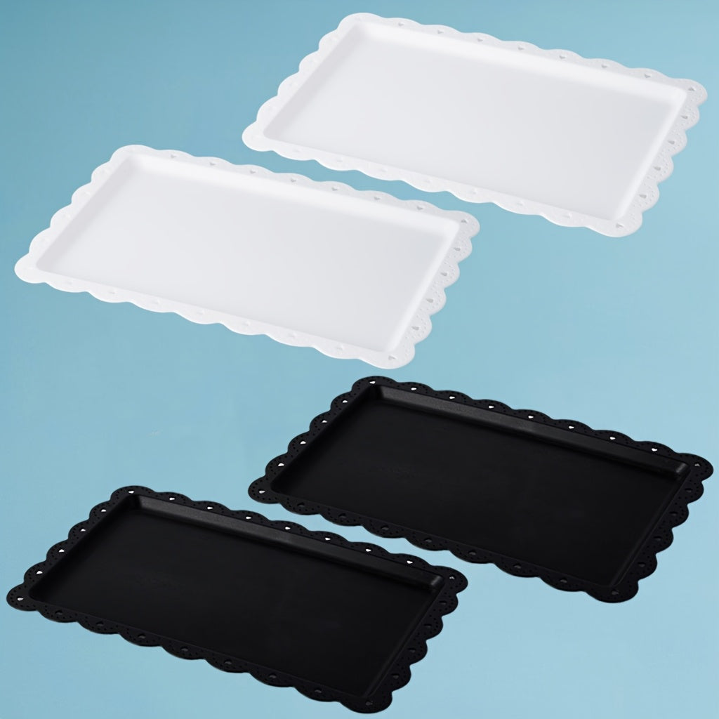 3/4/5-Piece Set Plastic Food Tray with Lace Edge, Rectangular Food Tray – Perfect for Outdoor Camping, Party Buffets, Kitchen, Dining Room – Small Flat Tray for Desserts, Fruit, Cookies, Snacks (White, Black)