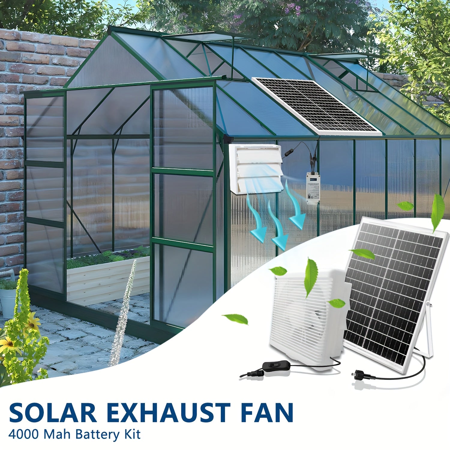 25W Solar Panel Ventilation Fan Set with 4000mAh Battery - 8 Inch High Speed Fan, Designed for Indoor Use, Equipped with Protective Grill and Louvers, Ideal for Ventilation in Greenhouse, Kitchen, Workshop, Shed, Attic and Pet House