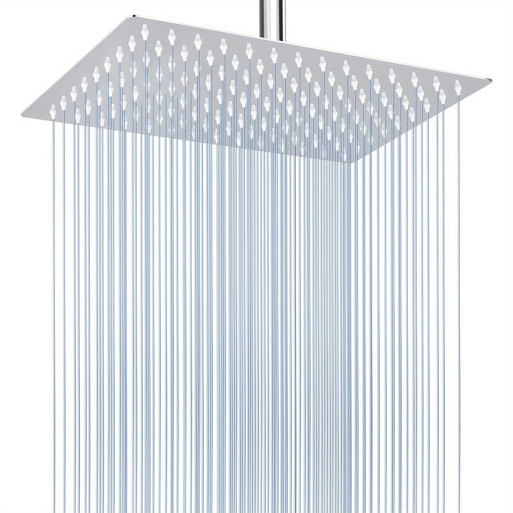 1pc 12" Square / 12"x8" Rectangular Waterfall Rain Shower Head - High Flow Stainless Steel, Polished Chrome Finish, Rustproof & Durable, Ceiling/Wall Mount, Includes Teflon Tape Installation Kit