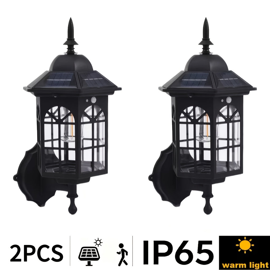 2PCS Vintage Solar Outdoor Wall Light Waterproof Courtyard Decorative LED Tungsten Alloy Wall Light, Suitable for Garden, Courtyard and Porch, Tungsten Filament Light, Outdoor Garden, Street Floor Decoration, Solar Garden No Wiring Required