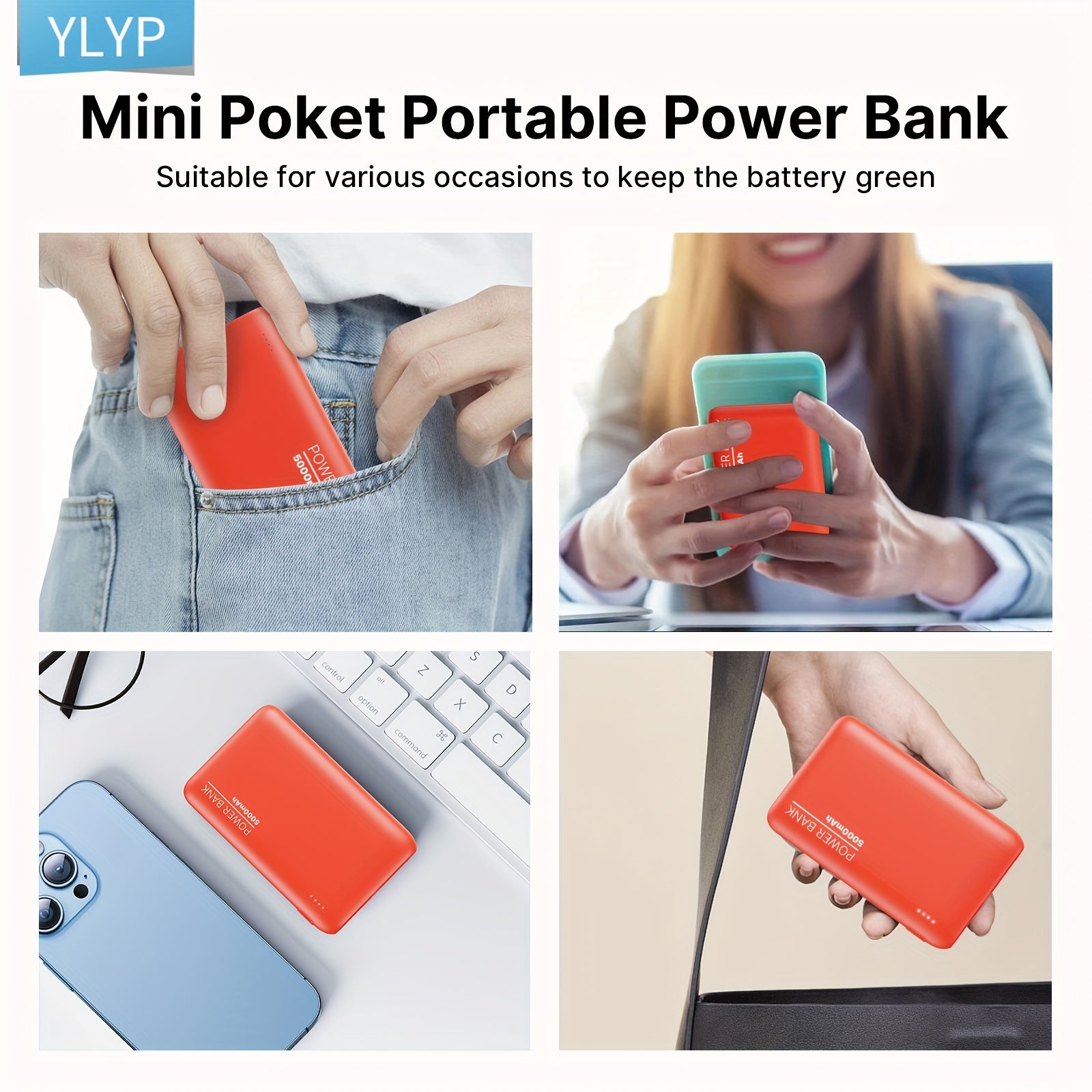 YLYP 1pc Ultra Slim 5000Mah Mini Pocket Portable Power Bank, with LED Light Display, Outdoor Emergency Backup Battery Pack, Dual Usb/Type-C/Micro Interface, Suitable for Iphone/Android Mobile Phone Digital Electronic Equipment, Holiday Gifts