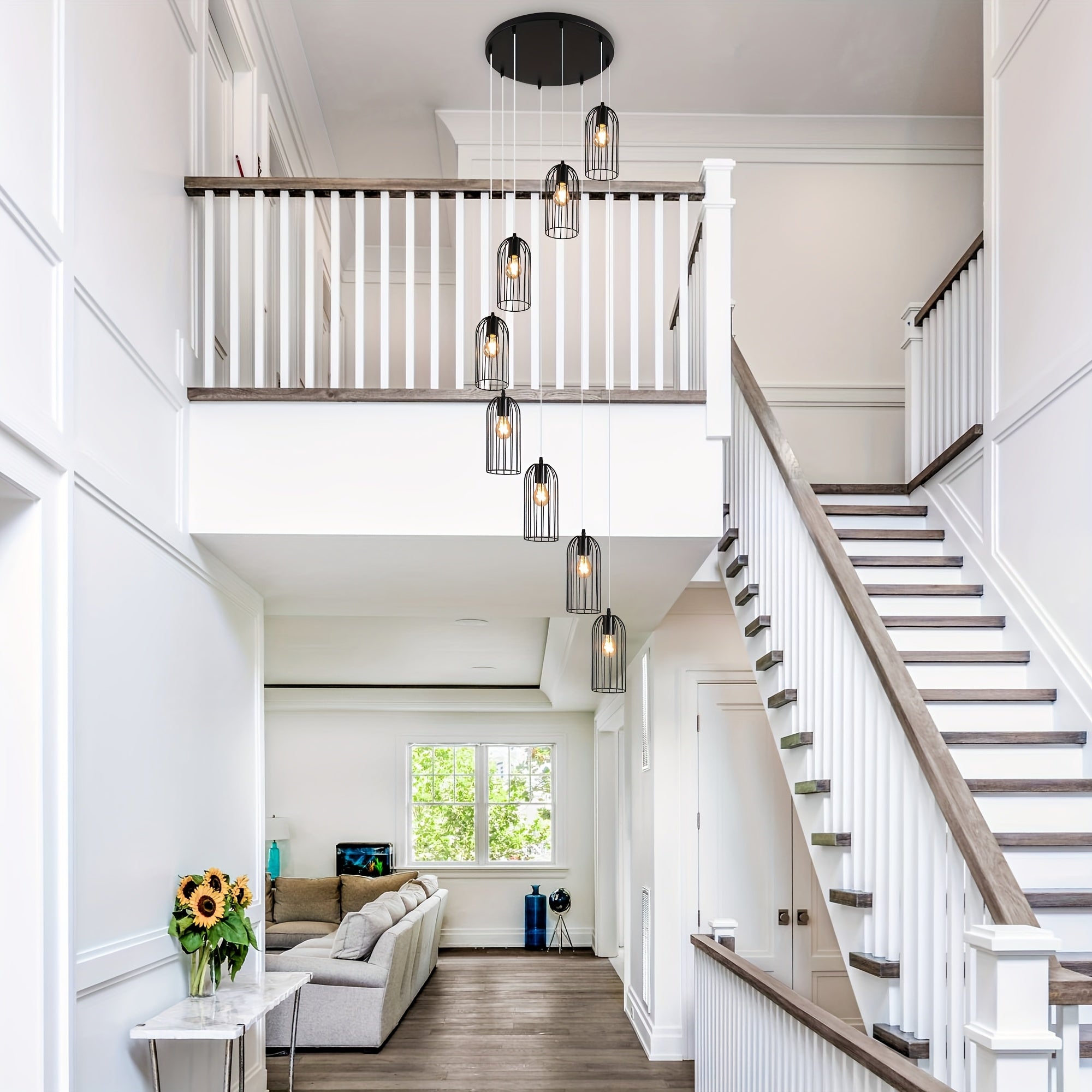 Modern staircase pendant light - extra long 114.2 inches (290 cm) hanging staircase light fixture, semi-flush mount or hanging, hardwired, no battery needed, suitable for large staircases, living rooms, foyers, villas - modern home lighting