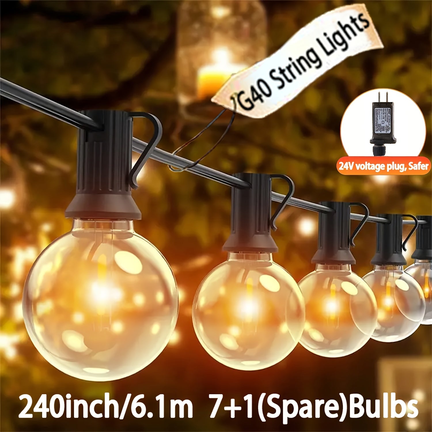 XBATE G40球泡灯 - 100/60/40/30/20FT LED透明灯泡，暖白色，适用于室内/室外使用，非常适合后院、门廊、阳台、派对装饰，适合各种天气，扩展性强，24V低压插电供电，节日装饰照明|发光球泡灯|柔性照明串