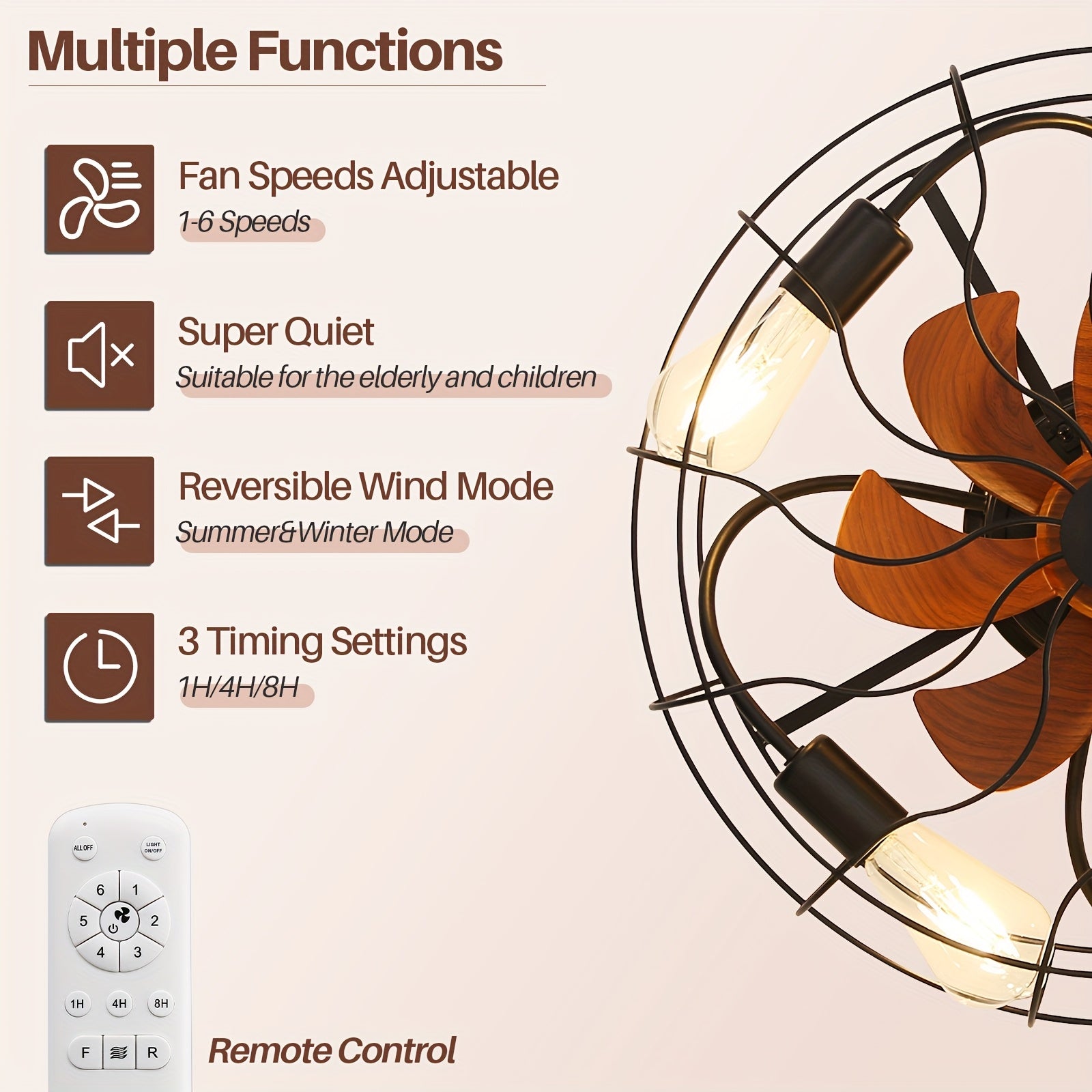 Sofucor 20" Industrial Black Recessed Cage Ceiling Fan, Indoor & Outdoor Use, Equipped with 7 ABS Blades and 4 E26 Bulb Sockets, Ideal for Living Rooms, Patios & Bedrooms