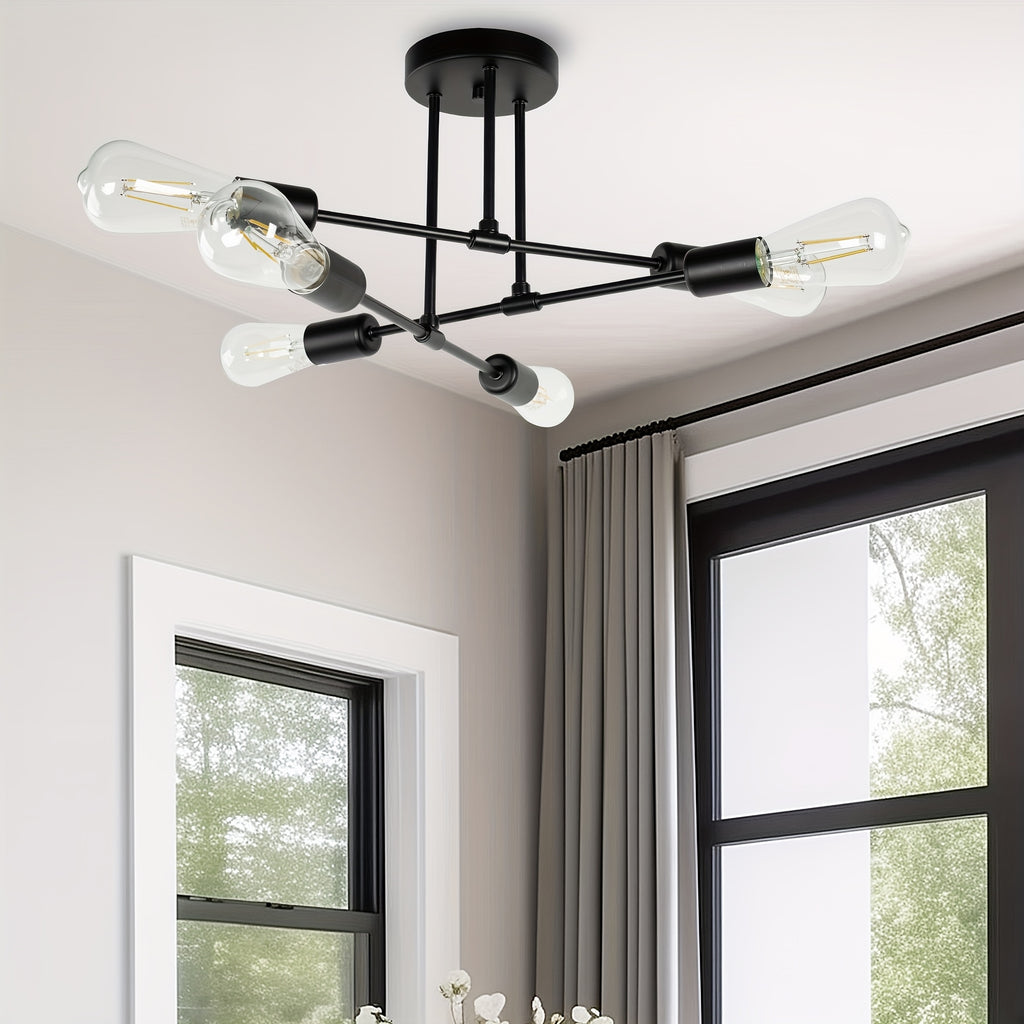 Modern 6-light semi-flush mount pendant light, black metal frame, elegant chandelier for living room, dining room, bedroom, E26 bulb socket, bulb not included