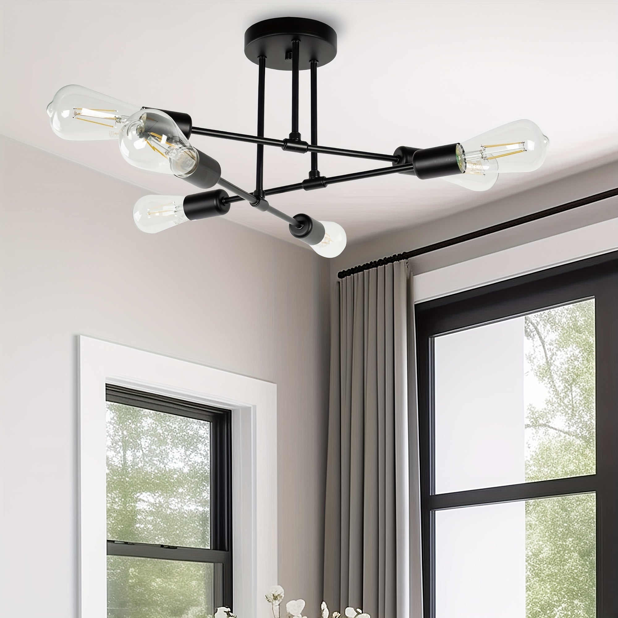 Modern 6-light semi-flush mount pendant light, black metal frame, elegant chandelier for living room, dining room, bedroom, E26 bulb socket, bulb not included