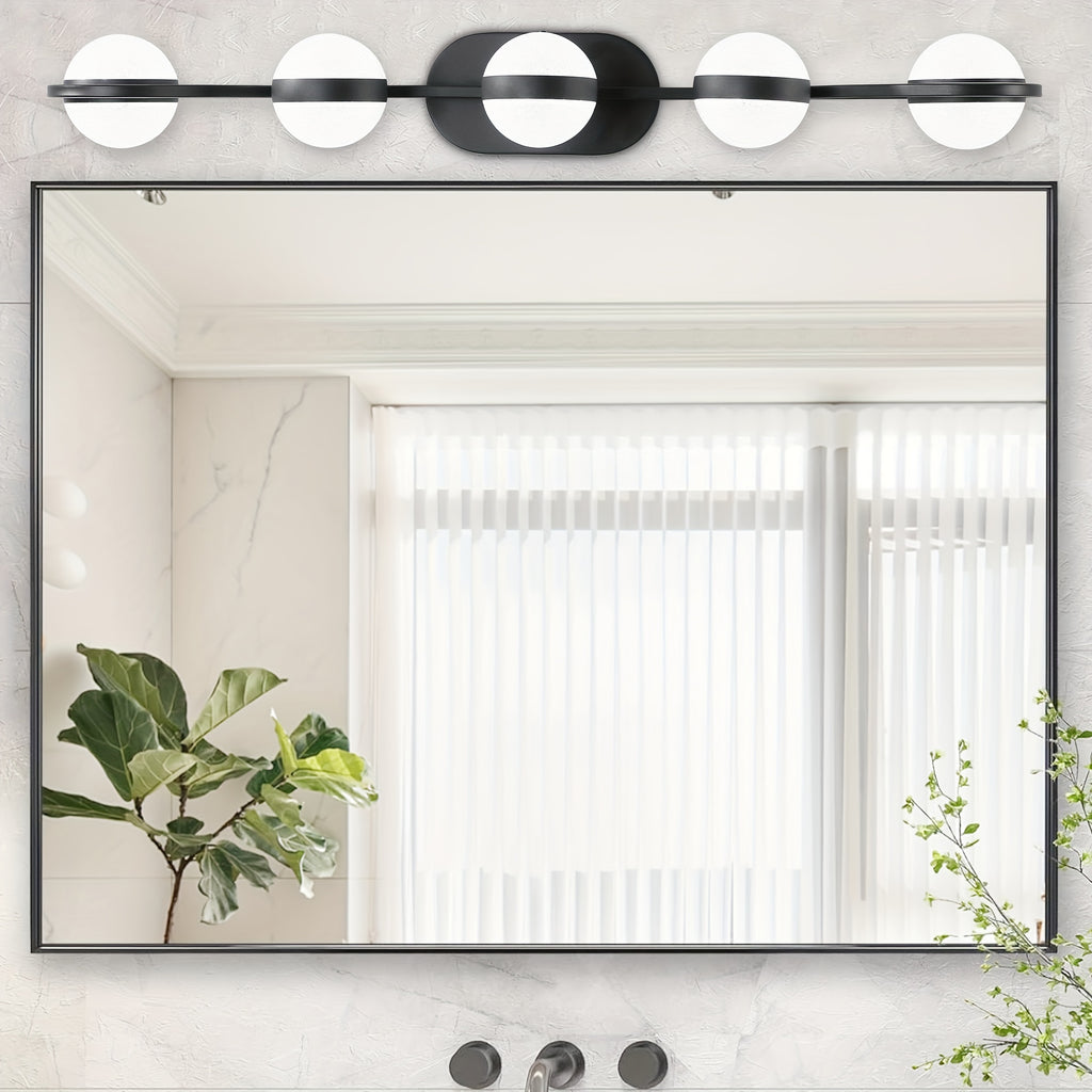 35.4-Inch 5-Light Bathroom Vanity Light, Elegant Bathroom Wall Light, Modern Minimalist Bathroom Vanity Light, with LED Light and Frosted Acrylic Shade, Wall-Mounted Decorative Lighting, Suitable for Bathroom, Living Room, Bedroom (Black)