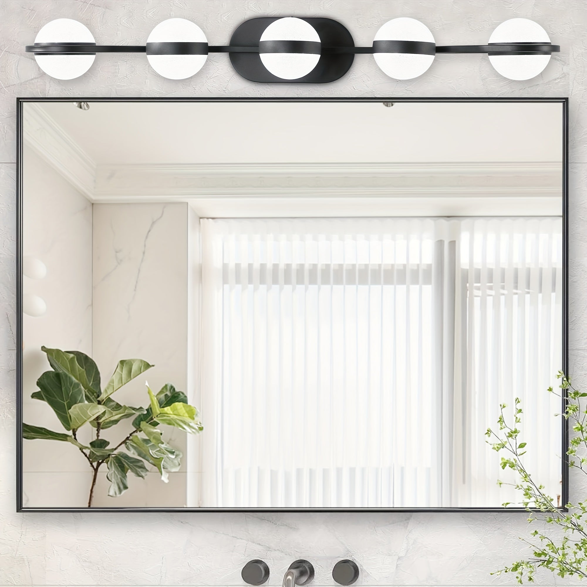 35.4-Inch 5-Light Bathroom Vanity Light, Elegant Bathroom Wall Light, Modern Minimalist Bathroom Vanity Light, with LED Light and Frosted Acrylic Shade, Wall-Mounted Decorative Lighting, Suitable for Bathroom, Living Room, Bedroom (Black)